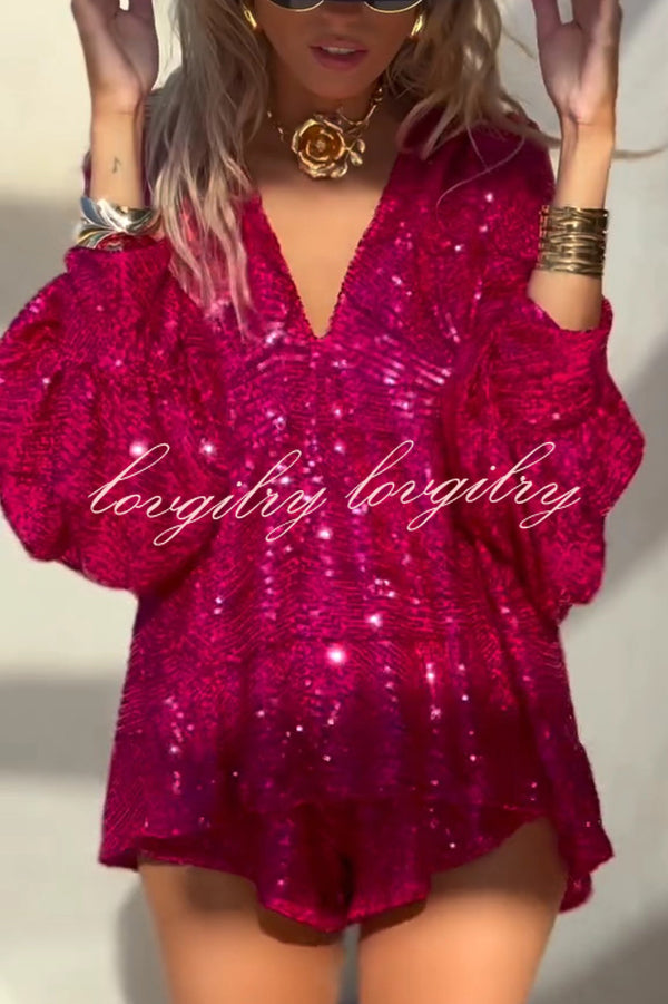 Fashion Sequin V-neck Long Sleeve Loose Top and Elastic Waist Casual Shorts Set