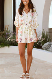 Plant Print Lapel Half Sleeve Tie Waist Loose Rompers