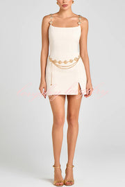 Timeless Exquisite Tweed Fabric Metal Coin Chain Detail Slip Mini Dress