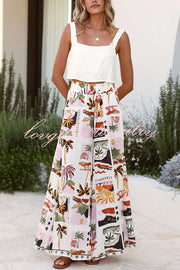 Holiday Style Holiday Print Casual Short-sleeved Shirt and Elastic Waist Loose Pocket Wide-leg Pants Set