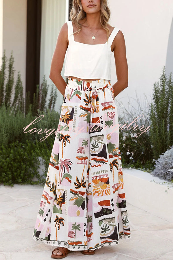 Holiday Style Holiday Print Casual Short-sleeved Shirt and Elastic Waist Loose Pocket Wide-leg Pants Set