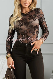 Dazzling and Sparkle Mesh Floral Sequin Long Sleeve Stretch Bodysuit
