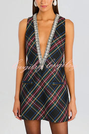 Elegant Demeanor Satin Gemstone Trim Deep V-Neck Tank H-line Mini Dress