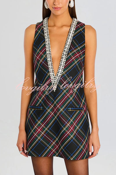 Elegant Demeanor Satin Gemstone Trim Deep V-Neck Tank H-line Mini Dress