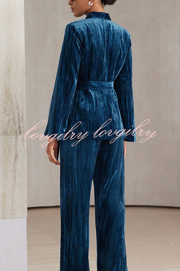 Solid Color Velvet Pleated Long-sleeved Tie Top and Casual Pocket Straight-leg Pants Set