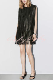 Modern Times Faux Leather Layered Tassel Design Sleeveless H-line Mini Dress