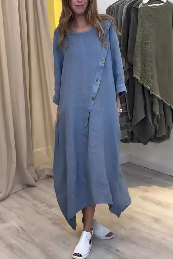 Linen Blend Solid Color Casual Round Neck Long Sleeve Button Midi Dress