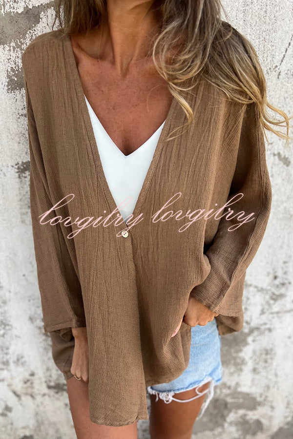 Solid Color V-neck Loose Long-sleeved Button Top