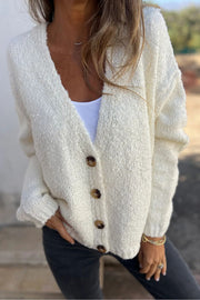 Solid Color V-neck Long-sleeved Fashionable Knitted Cardigan