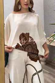 Floral Print Batwing Sleeves Loose-fitting Top and Relaxed Pocket Straight Pants Set