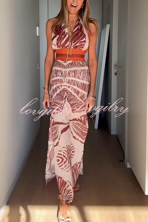 Vacay Bound Linen Blend Unique Botanical Print Halter Maxi Dress