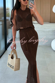 Solid Color Sleeveless Hollow Knit Crop Top and Elastic Slit Slim Midi Skirt Set