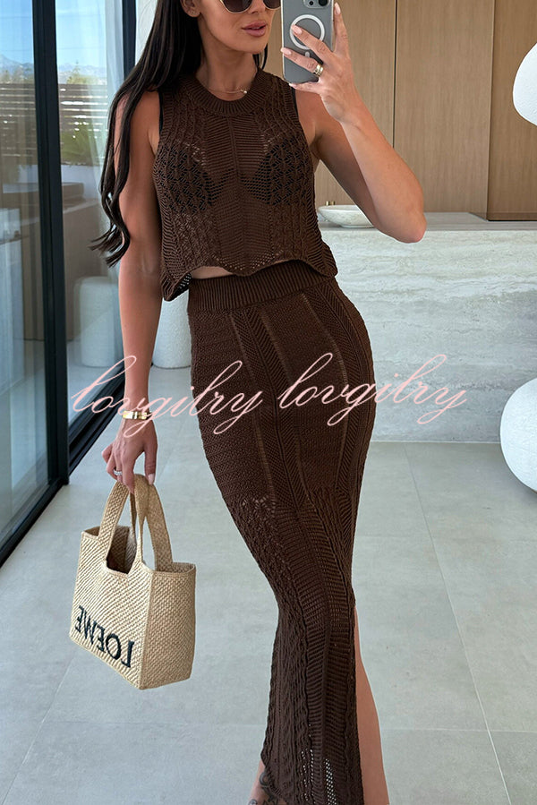 Solid Color Sleeveless Hollow Knit Crop Top and Elastic Slit Slim Midi Skirt Set