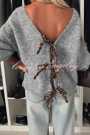 Fashionable Charm Knit Back Leopard Print Bow Tie-up Relaxed Sweater