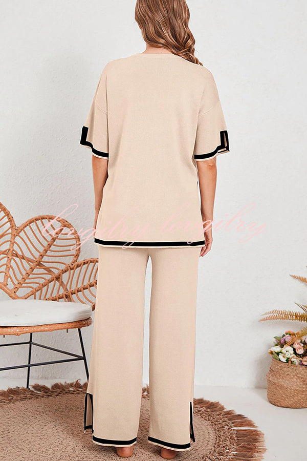 Lounge or Casual Wear Knit Patchwork Color Block Short Sleeve Top and Elastic Wide Leg Pants