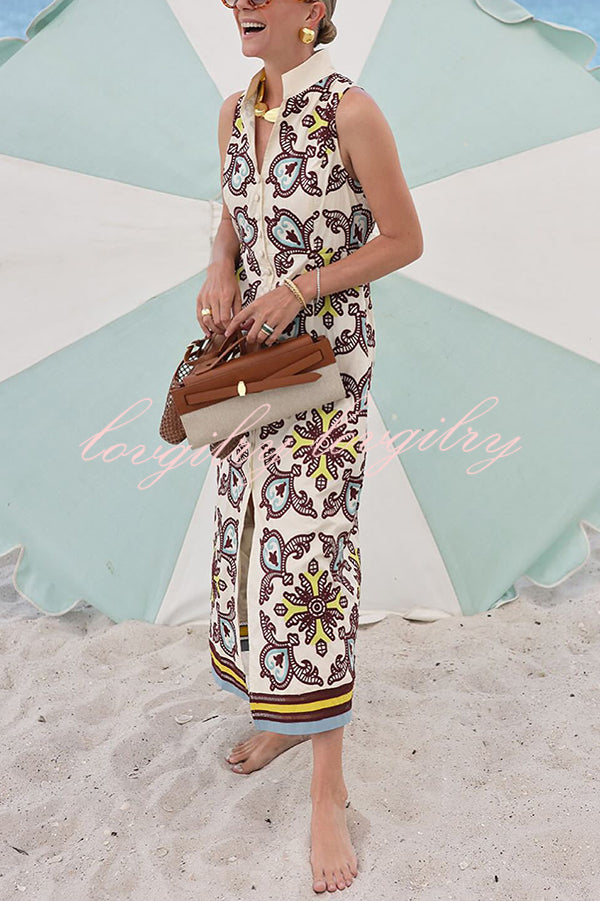 Unique Print Sleeveless Button Resort Midi Dress