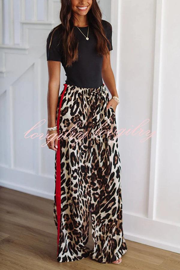 Leopard Print Elastic Waist Pocket Loose Wide Leg Pants