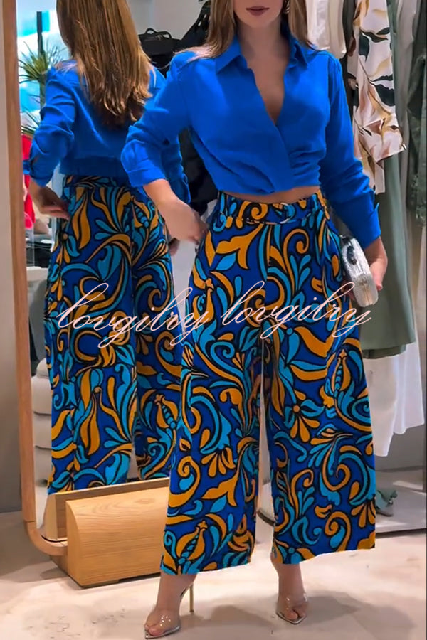 Ocean Heart Linen Blend Printed Ruched Hem Blouse and Belted High Rise Pocket Loose Pants Set