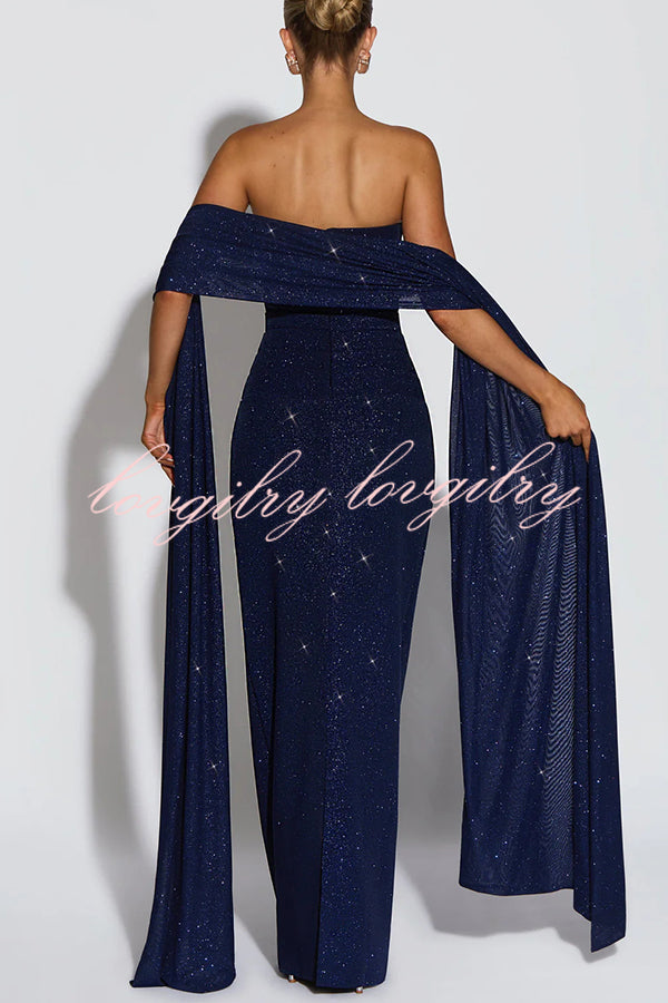 Pandra Glittery Crepe Fabric Off Shoulder Ruched Slit Cape Maxi Dress