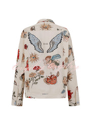 Angel Wings Denim Unique Print Button Up Long Sleeve Pocketed Relaxed Jacket