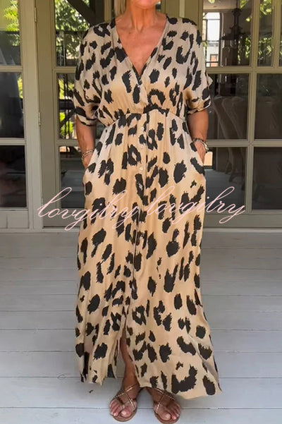 Leopard Print V-neck Pocket Midi Dress