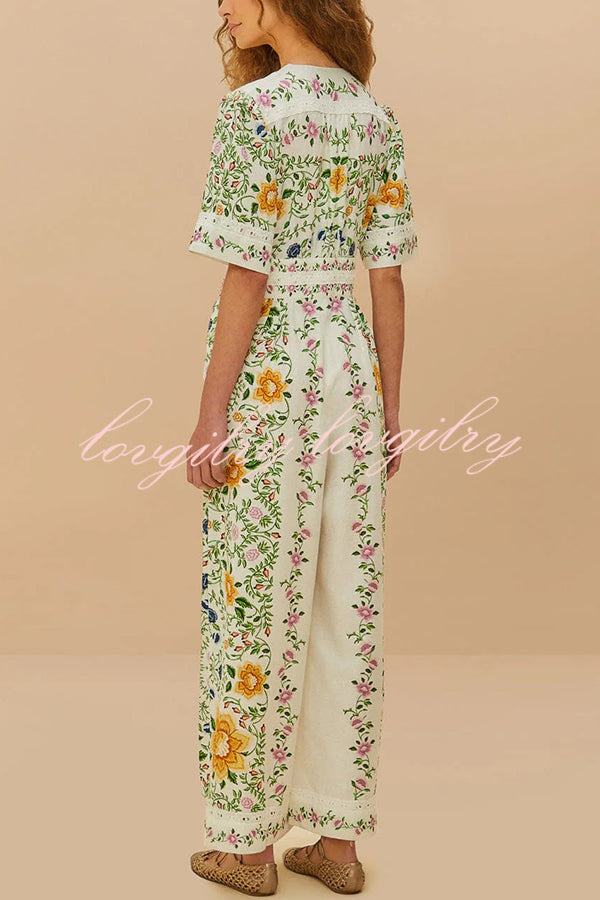 Natural Charm Linen Blend Floral  Print Short Sleeve Pocketed Wide Leg Jumpsuit