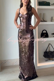 Dazzling Like Flowing Water Sequin V-neck Back Zipper Slit Maxi Dress