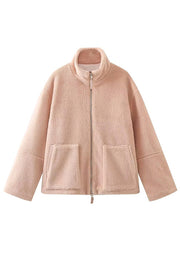 Solid Color Stitching High Collar Long Sleeve Loose Pocket Woolen Coat