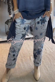 Botanical Print Elastic Waist Pockets Casual Pants