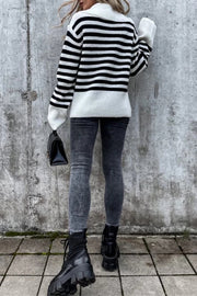 Irregular Lapel Contrast Striped Knitted Long Sleeved Sweater