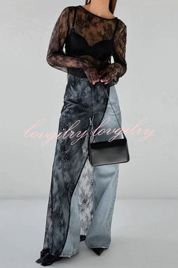 Sexy Openwork Lace Long-sleeved Asymmetrical Casual Top