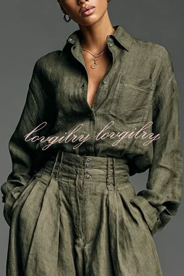 Linen Blend Lapel Long-sleeved Casual Shirt and High-waist Pocket Loose Wide-leg Pants Set