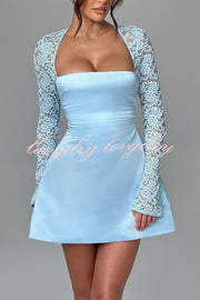 Garden Party Sheer Lace Flare Sleeve Square Neck Bubble Mini Dress