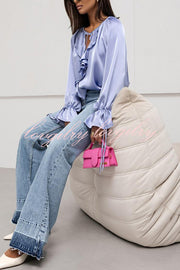 Satin Solid Color V-neck Tie Ruffle Casual Shirt