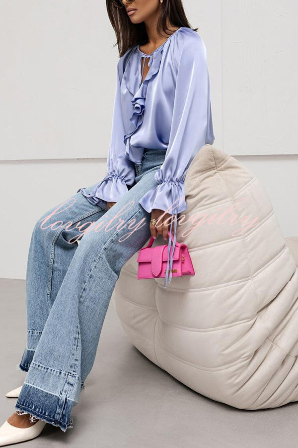 Satin Solid Color V-neck Tie Ruffle Casual Shirt