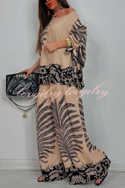 Unique Print Loose Drawstring Long Sleeve Top and Elastic Waist Casual Pocket Wide Leg Pants Set
