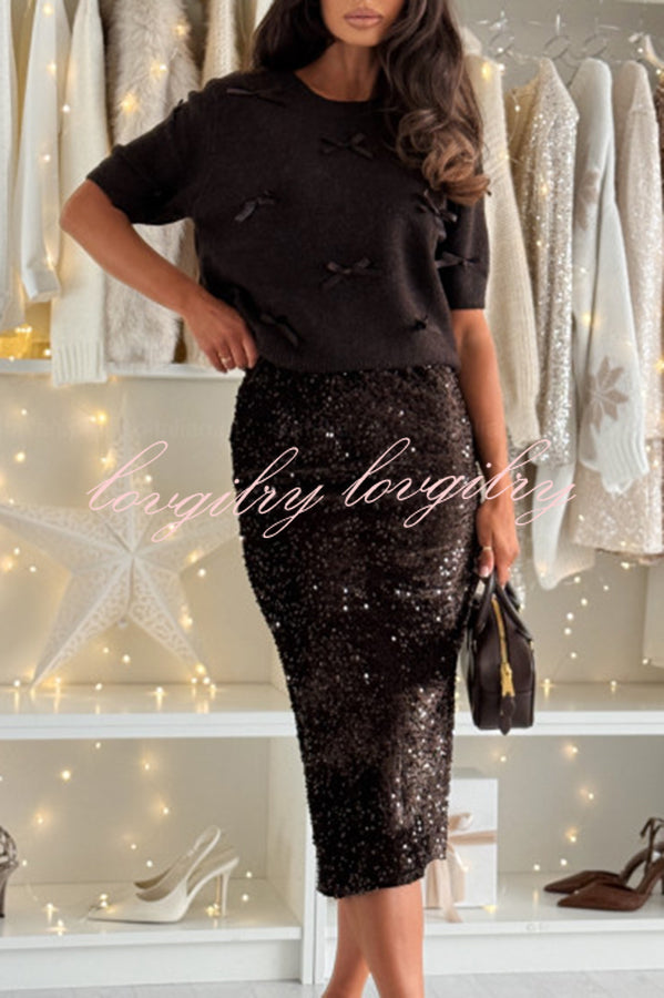 Light The Night Velvet Sequin High Rise Elastic Waist Pencil Slit Midi Skirt