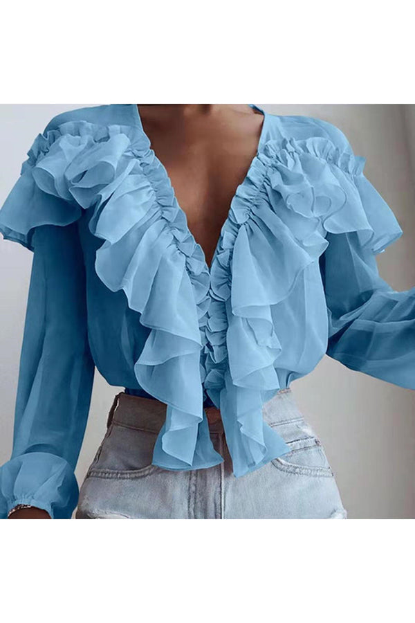 Spliced ruffled V Neck Pleated Long Sleeved Top