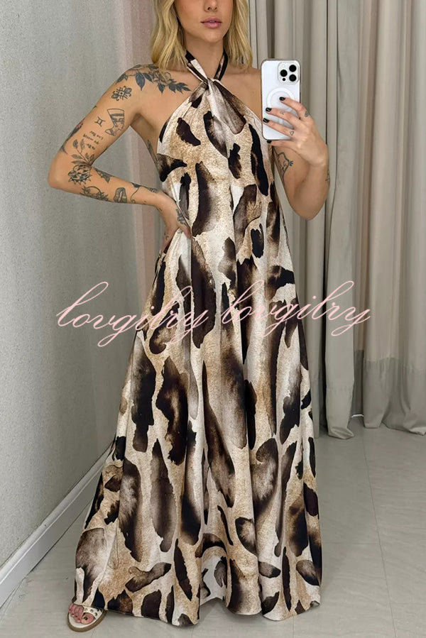 Leopard Print Sexy Halter Neck Backless Loose Maxi Dress