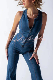 Fashionable Heart Hollow Back Slim High Waist Flared Denim Jumpsuit