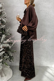 Chic and Merry Satin Bow Neck Batwing Sleeve Loose-fitting Blouse