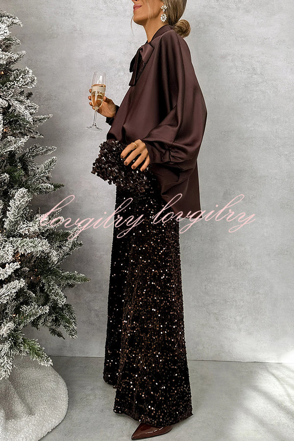 Chic and Merry Satin Bow Neck Batwing Sleeve Loose-fitting Blouse