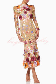 Dignified and Refined Charm Embroidered Floral Applique Long Sleeve Fish Tail Midi Dress