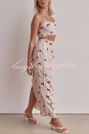 Rosa Linen Blend Bow Print Scallop Lace Trim Crop Tank and High Rise Slit Skirt Set