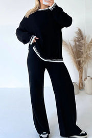 Life Memories Knit Contrast Stitch Trim Pullover Sweater and Stretch Loose Pants Set