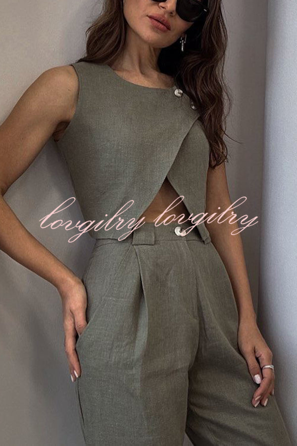 Balvin Linen Blend Cross Button Neck Crop Vest and High Rise Pocketed Pants Set