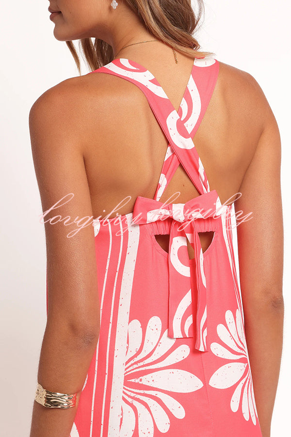 Unique Print Square Neck Open Back Tie Bow Holiday Maxi Dress