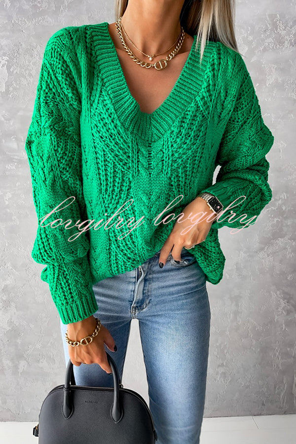 Olivier Hollow Twisted Cord V Neck Long Sleeved Sweater