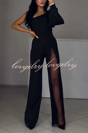 Fashionable Oblique Shoulder One-sleeve Sexy High Slit Slim Jumpsuit