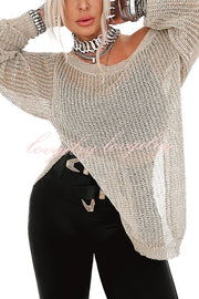 Solid Color Loose Long Sleeve Hollow Knit Cover-up Top